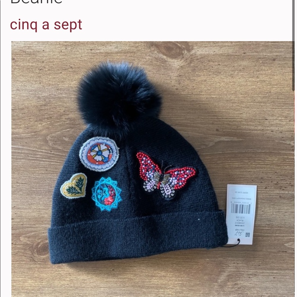 NWT Cinq À Sept Fur pompom Embellished Beanie